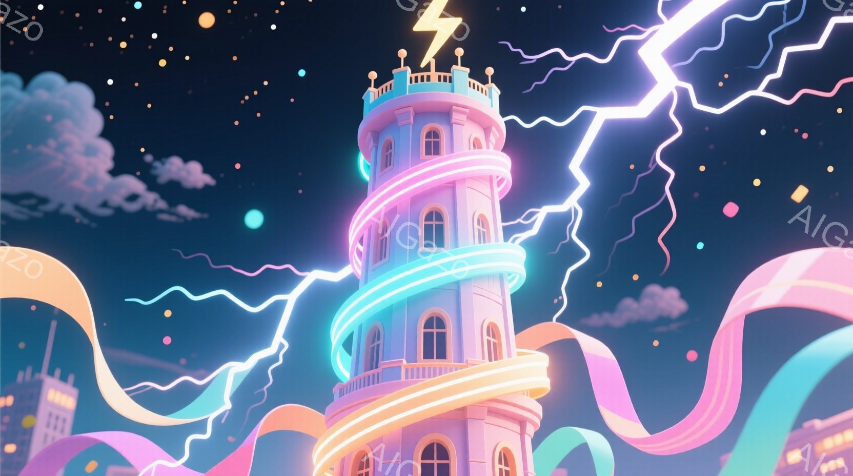 鮮やかなピンクと水色のらせん状の塔が、稲妻に照らされた夜空に浮かび上がっています。塔は独特の建築様式を持ち、その周りにはねじれたリボン状の装飾が漂い、幻想的な雰囲気を醸し出しています。背景には、ぼんやりとした建物と雲が描かれ、全体的に夢のような、未来的な印象を与えます。