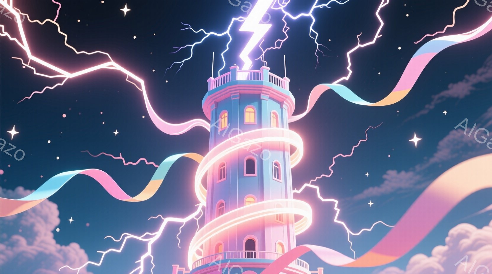 空にそびえ立つらせん状の塔は、鮮やかな水色とピンク色で彩られ、頂上には稲妻が降り注いでいます。塔の周りには、淡いピンク、オレンジ、紫色のリボンが空を舞い、幻想的な雰囲気を醸し出しています。背景には雲が広がり、星が輝き、夜空の神秘的な美しさを際立たせています。
