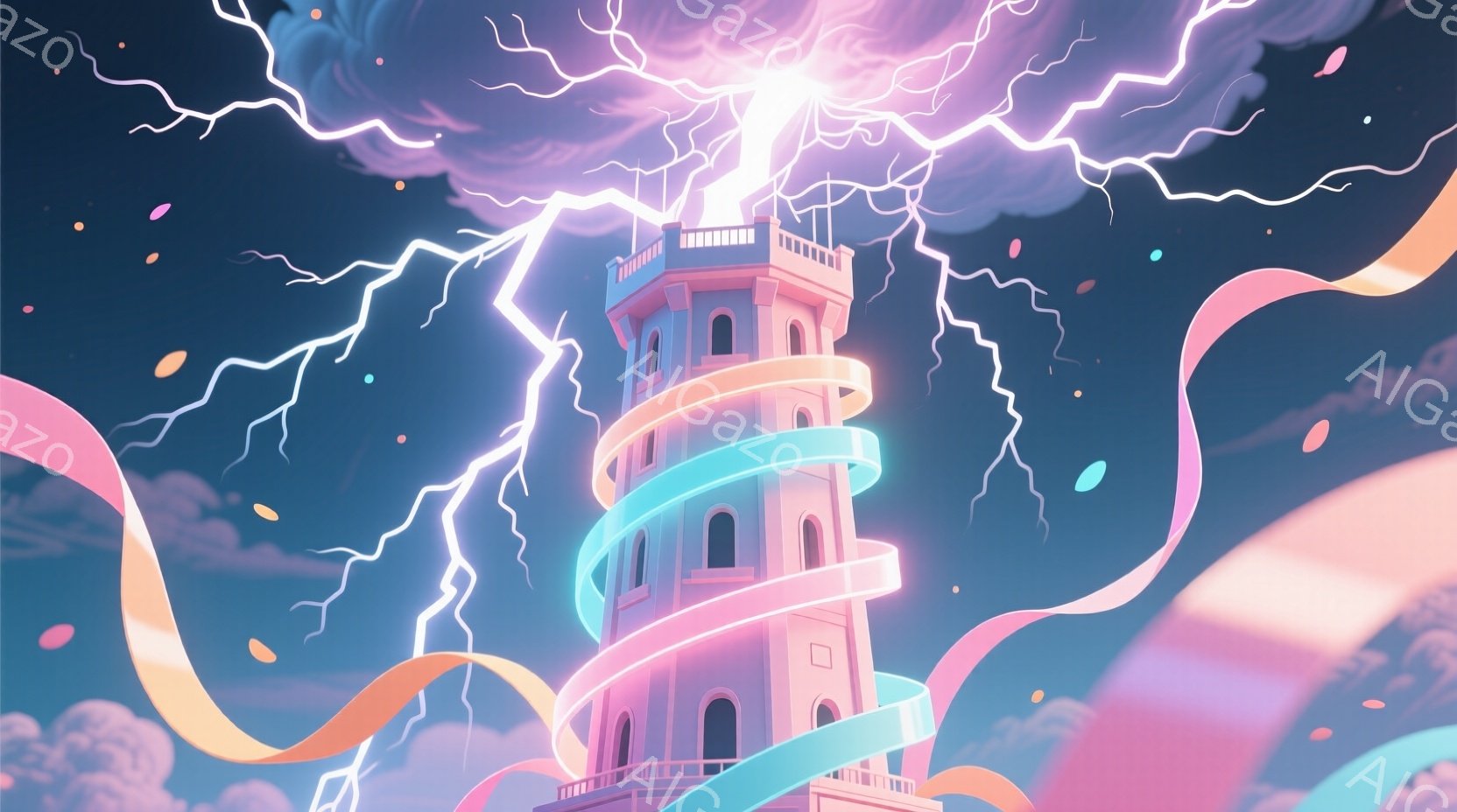 ピンクと紫色の幻想的な空の下、らせん状に塔がそびえ立っています。塔はアーチ状の窓が連なり、明るいピンク色で彩られ、周囲には柔らかい光の帯が漂っています。稲妻が塔の頂上を打ちつけ、空には紫色の雲が広がり - AI生成フリー素材