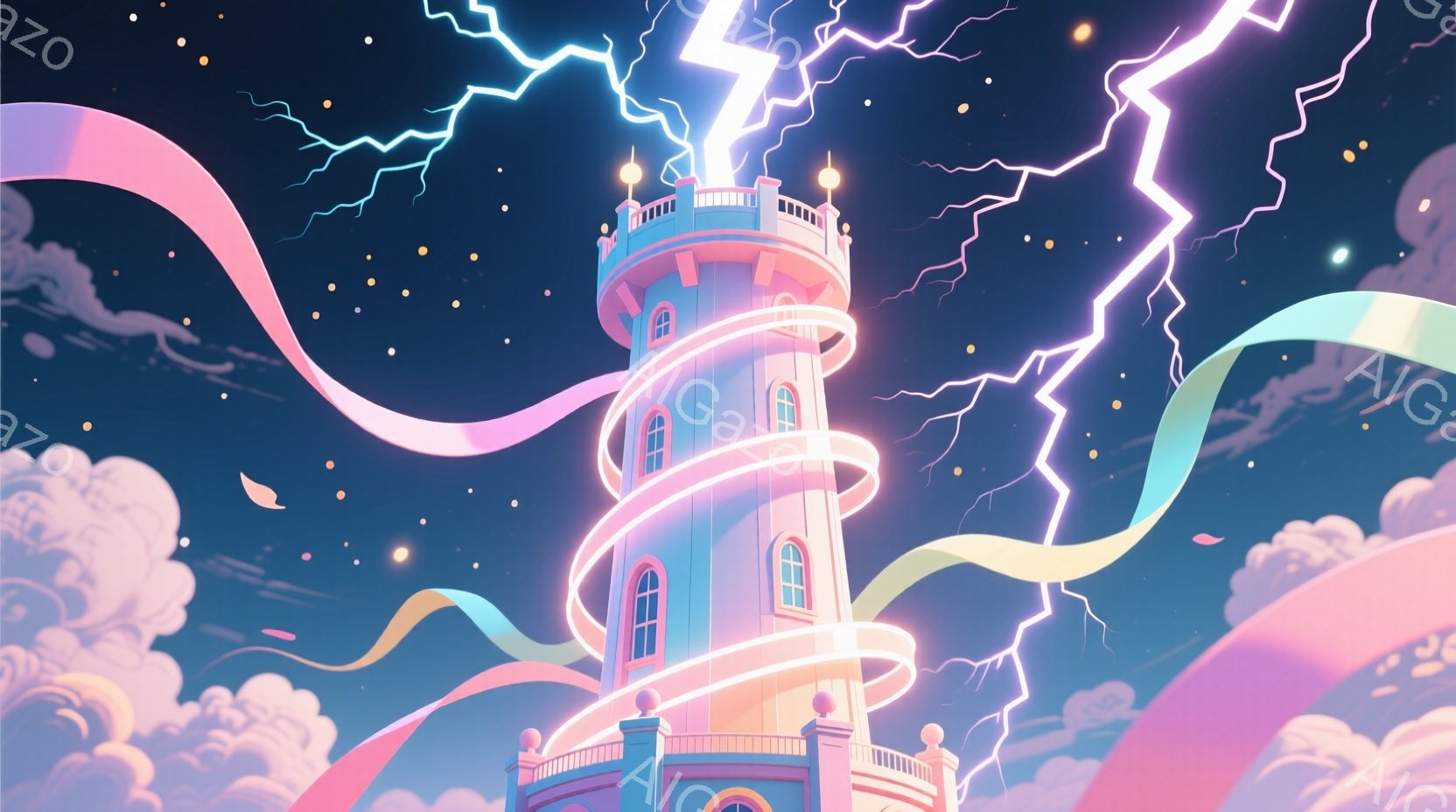 ファンタジー風のアニメーションです。主要なオブジェクトは、空に浮かぶ宝石のような建物と電気を放つ巨大な手の形状をした雲です。建物は美しく装飾されており、手の形の雲は紫と黄色の虹色で輝いています。背景は星が閃きる夜空になっており、様々な色の彩りを持つ雲が画面全体に流れています。