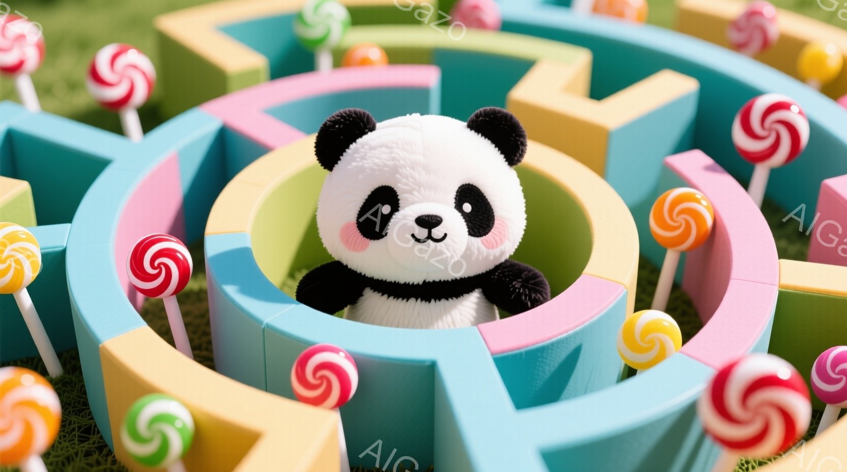 白と黒のパンダのぬいぐるみは、色とりどりのブロックで作られた迷路の中心に座っています。迷路の周りには、赤、緑、黄色、オレンジ色の棒付きキャンディーが配置されており、明るく遊び心のある雰囲気を醸し出しています。背景は緑色の芝生で覆われており、全体的に可愛らしく楽しい印象を与えます。