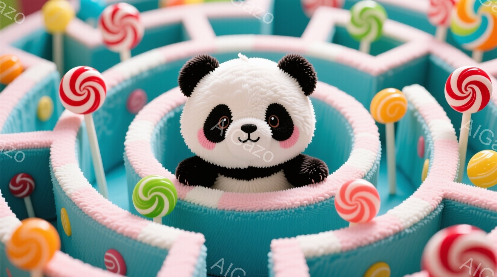青い背景にカラフルなキャンディーが並ぶ迷路の中に、ふわふわのパンダのぬいぐるみが座っている様子が描かれています。パンダはつぶらな瞳でこちらを見つめ、わずかに微笑んでいるように見えます。全体的に、甘くて遊び心あふれる、夢のような雰囲気が漂っています。