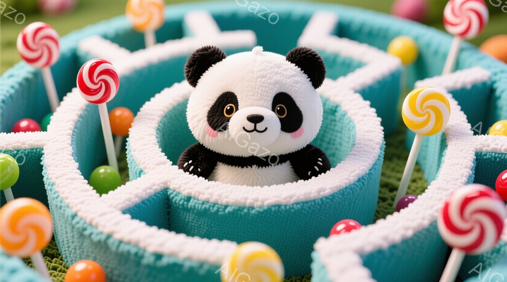 很可愛く、中心に着物を着たパンダのキッチンセットがあります。パンダは楽しそうな表情で座っており、手足が伸びるように床に寄り添っています。背景は鮮やかで、様々なキャンディが立ち上がっています。全体的にポップで可愛く、子供向けのデザインと思われます。