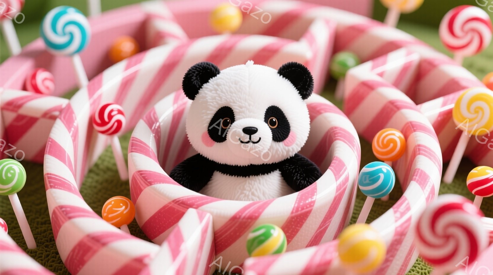 白黒のパンダのぬいぐるみは、ピンクと白のストライプのキャンディでできた巣の中に座っています。周囲には、様々な色の棒付きキャンディが点在し、緑色の芝生が背景に見えます。全体的に甘くて可愛らしい、遊び心のある雰囲気が漂っています。