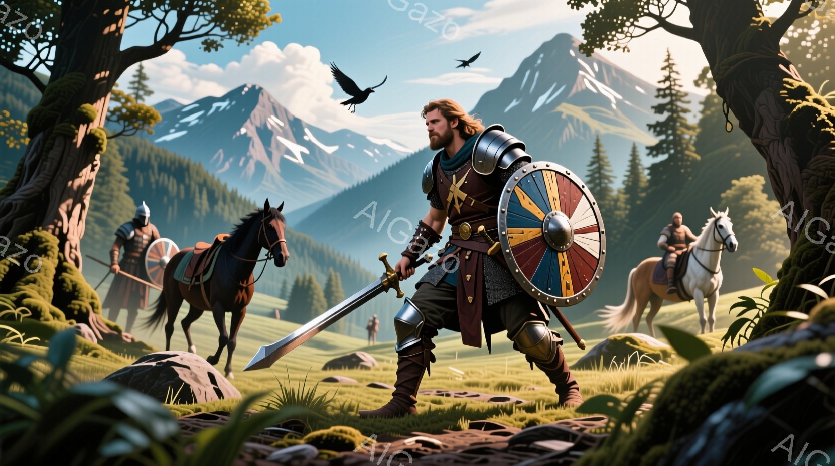 荒野に立つ屈強な戦士が描かれています。彼は革製の鎧と金属製の肩当てを身につけ、片手に剣、もう片手に円盾を持って警戒態勢をとっています。背景には緑豊かな丘陵地帯と雪を抱いた山々が広がり、数騎の馬に乗った - AI生成フリー素材