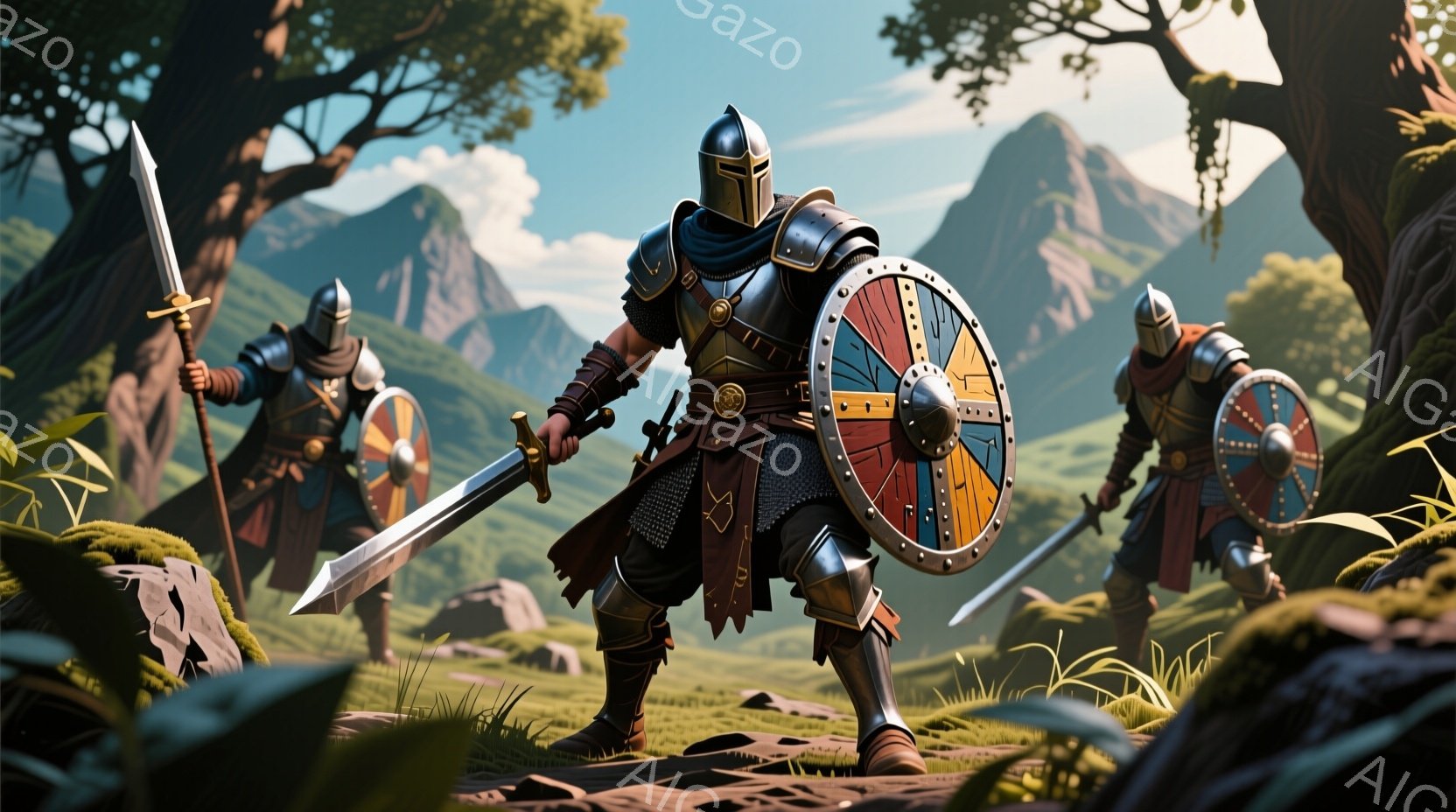中世ヨーロッパ風の鎧を身につけた3人の戦士が、緑豊かな丘陵地帯に立っている。彼らはそれぞれ剣と盾を持ち、戦闘態勢で構えている。背景には、うっそうとした木々と遠くに見える山々が広がり、晴天の下、緊迫感と冒険心を掻き立てる雰囲気である。