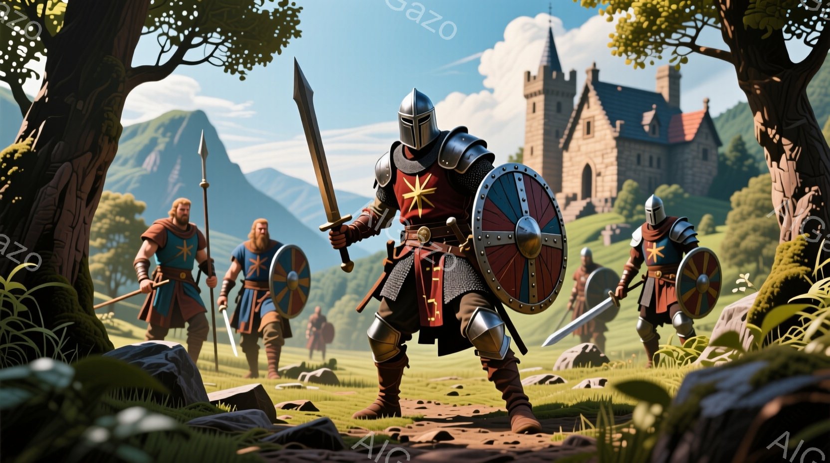 中世ヨーロッパ風の騎士たちが緑豊かな丘陵地帯に立っている。彼らはそれぞれ剣と盾を装備し、警戒した表情で前方を睨んでいる。背景には石造りの城と、緑の山々、そして晴れた空が広がっており、全体として中世ファンタジーの世界観を醸し出している。