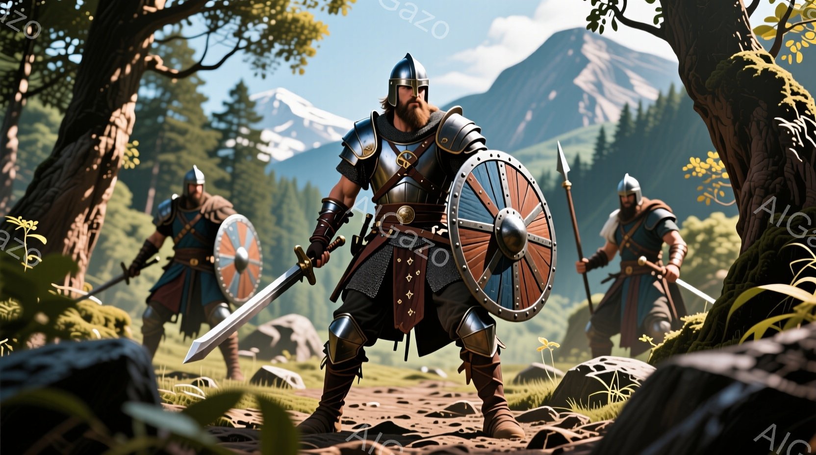 屈強な戦士たちが険しい地形を歩いている様子が描かれている。彼らは金属製の鎧と兜を身につけ、それぞれ剣と盾、または槍を持っている。背景には緑豊かな森林と雪を抱く山々が広がり、晴天の下、戦闘準備を整える緊張感が漂う。