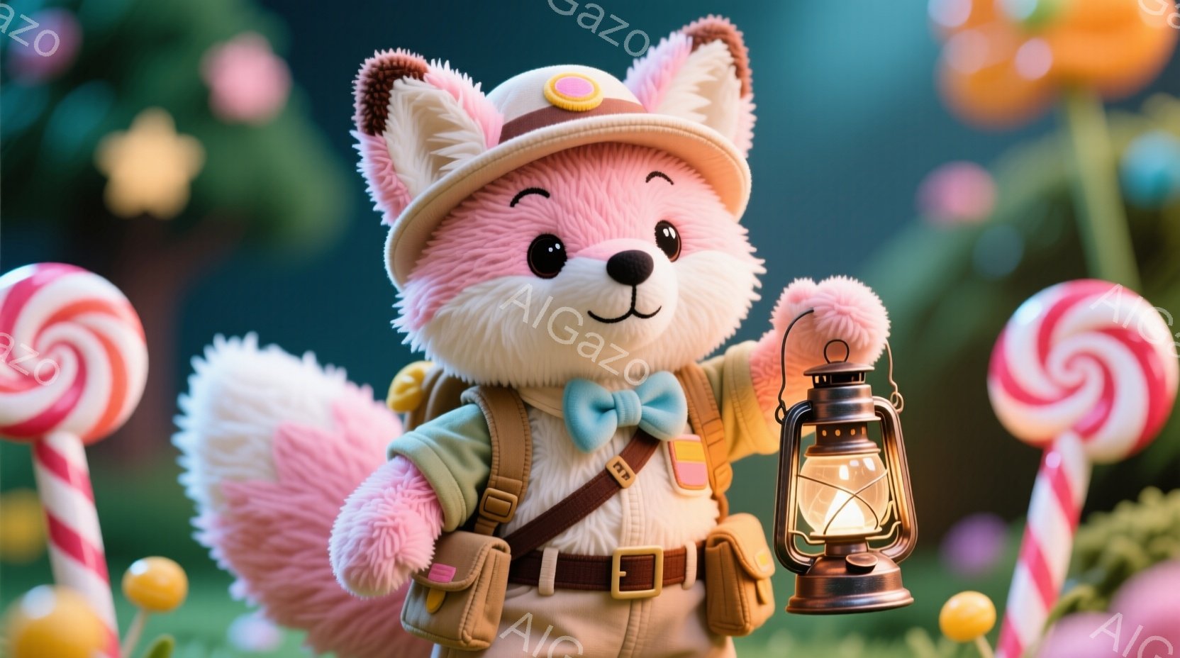 ふわふわのピンク色の動物が、探検家のような服装で立っています。頭にはカーキ色の帽子をかぶり、茶色の革ベルトとサスペンダーで固定されたバッグを背負っています。背景にはカラフルなキャンディが点在し、夜空の - AI生成フリー素材