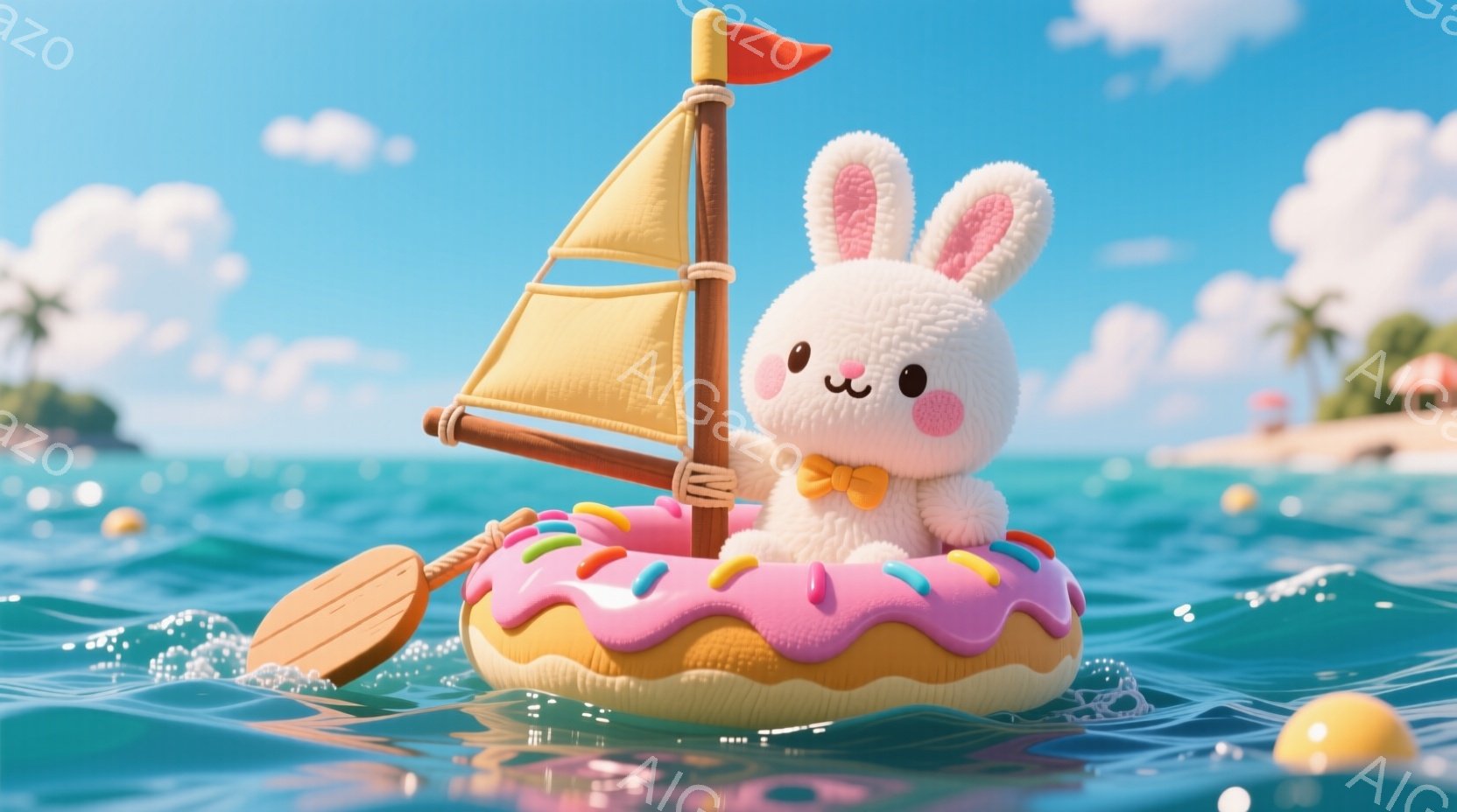 ふわふわの白いウサギが、ピンク色のドーナツ型の浮き輪に乗って海を漂っています。ウサギはオレンジ色のリボンをつけており、少し微笑んだ表情をしています。背景には青い空、ヤシの木が生い茂る砂浜、穏やかな波が - AI生成フリー素材