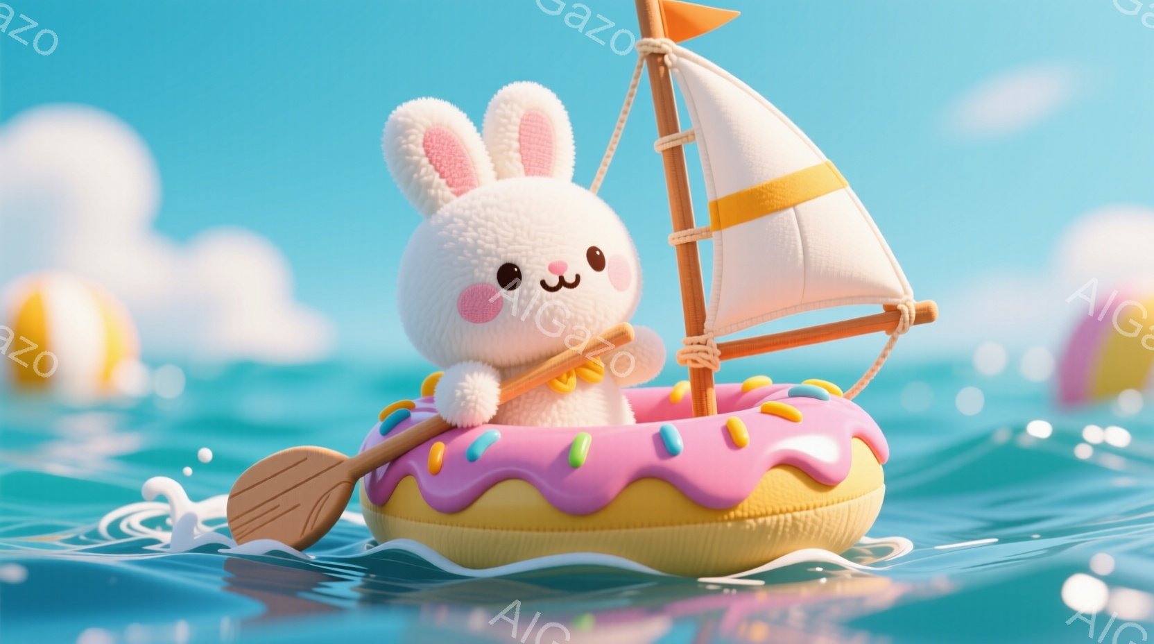 白くてふわふわのウサギが、ピンク色のドーナツ型のボートに乗って海を航行しています。ウサギは小さなオールを持っており、幸せそうな表情をしています。背景には青い海と白い雲が広がり、明るく楽しい雰囲気を醸し - AI生成フリー素材