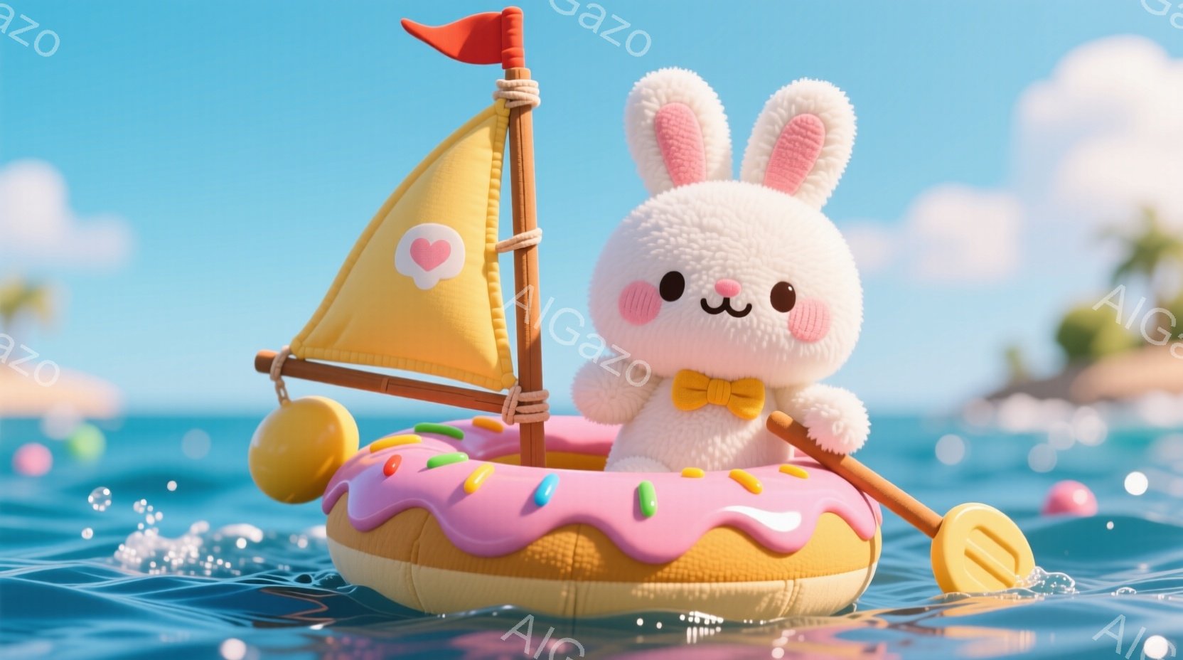 ふわふわの白いウサギが、ピンク色のドーナツ型のボートに乗って海を航行しています。ウサギは黄色いリボンを首につけ、小さなオールで水を漕いでいます。背景には青い海と、遠くに見える熱帯の島々があり、晴れた天気と穏やかな波が夏の楽しい雰囲気を演出しています。
