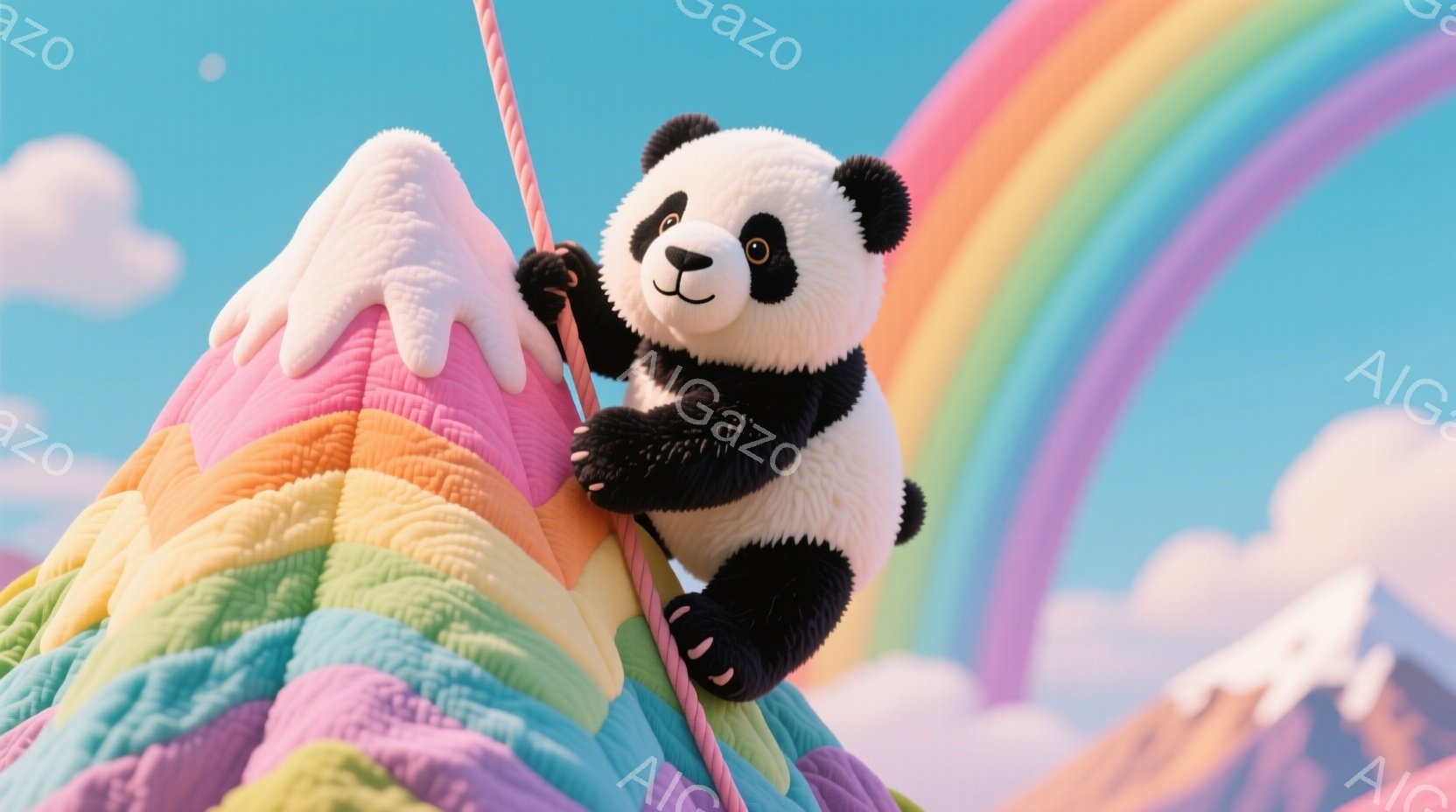 ふわふわとしたカラフルな山の上で、パンダがロープにつかまって登っている様子が描かれています。パンダは黒い目と鼻、そして優しい表情で、まるで遊び心あふれる冒険を楽しんでいるようです。背景には虹と雲が広がり、夢のような幻想的な雰囲気を醸し出しています。