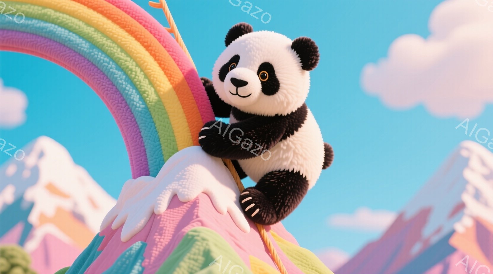 ふわふわのパンダが虹色のキャンディのような山の上でリラックスしています。パンダは黒と白の毛並みで、顔には愛らしい表情が浮かんでいます。背景には、パステルカラーの山々と青い空が広がり、全体的に夢のような - AI生成フリー素材