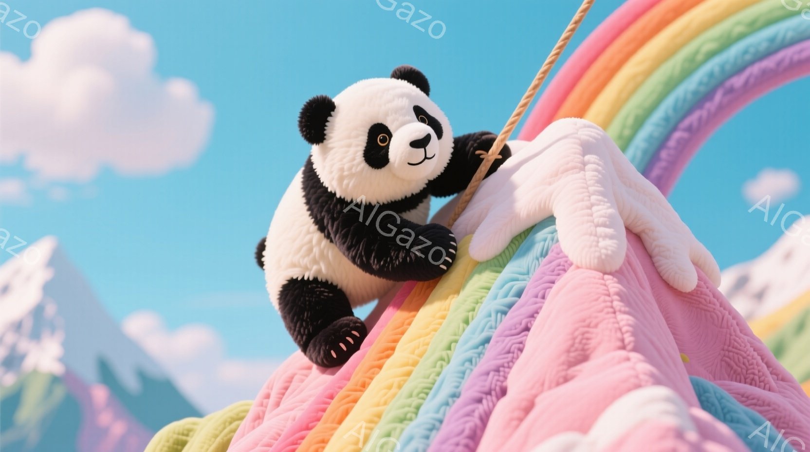 白黒のパンダが虹色のふわふわした梯子のようなものによじ登っています。パンダは明るい表情で、丸い黒い目でこちらを見ています。背景には、雪をかぶった山々と、穏やかな青空と白い雲が広がり、全体的に夢のような、おとぎ話のような雰囲気です。