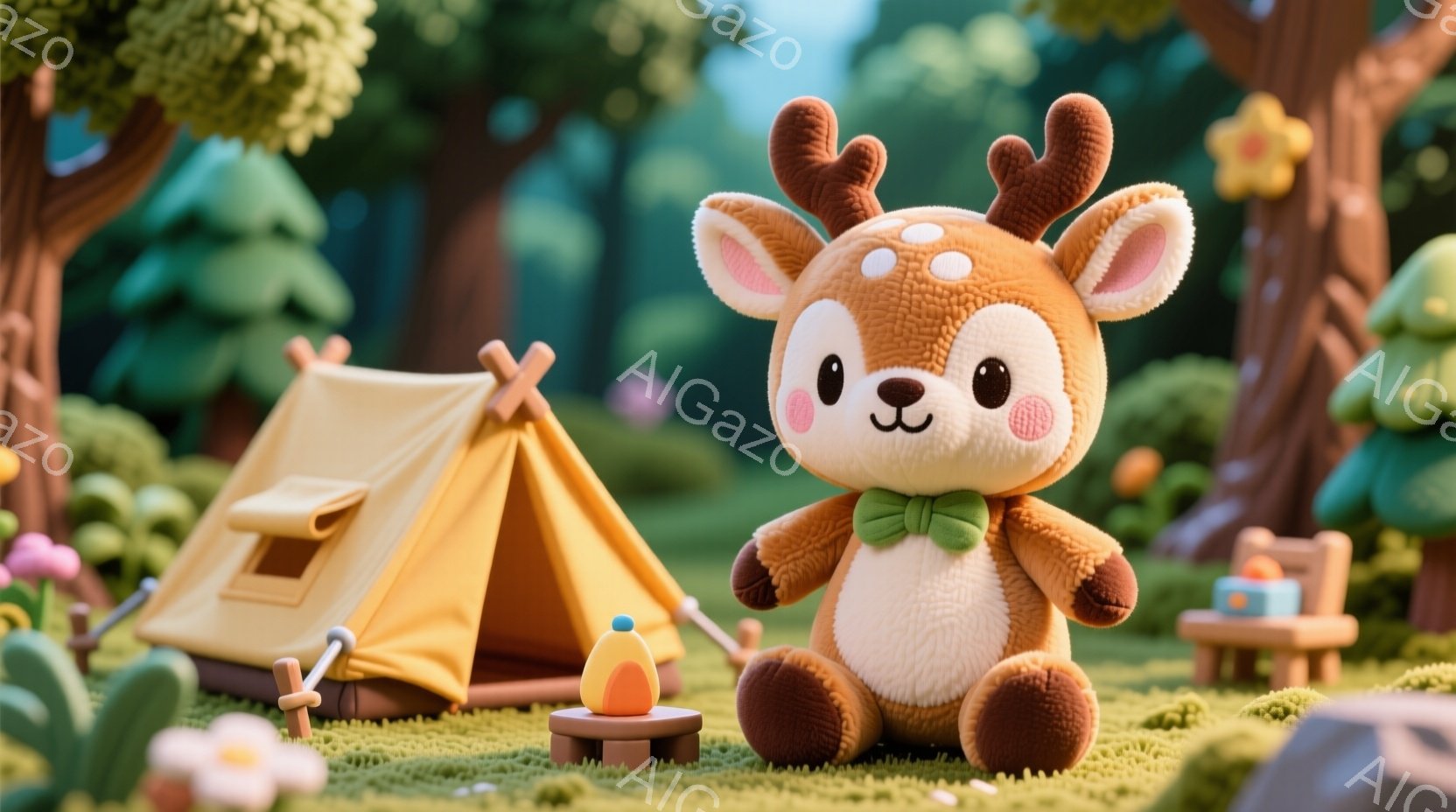 ふわふわの茶色の鹿のぬいぐるみは、緑色のボウタイをつけ、穏やかな笑顔を浮かべて座っています。背景には、黄色いテントと小さな木製のテーブル、そしてカラフルな花々が生い茂る緑の草原が広がっています。全体的に暖かく、可愛らしい雰囲気で、まるで絵本の世界のようです。