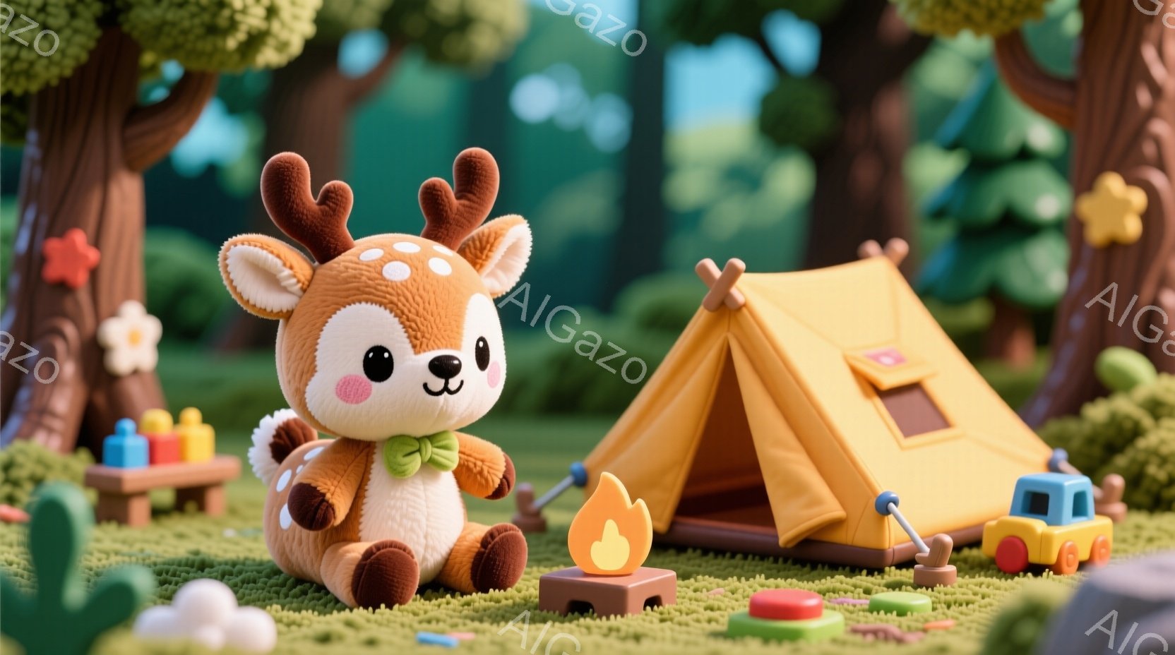 毛並みの良い茶色の鹿のぬいぐるみは、緑色の芝生の上に座って、小さなボウタイをつけています。背景にはオレンジ色のテント、青い車、そしてカラフルなブロックが散らばっており、可愛らしいキャンプの風景が広がっています。全体的に、暖かく、遊び心に満ちた、穏やかな雰囲気が漂っています。