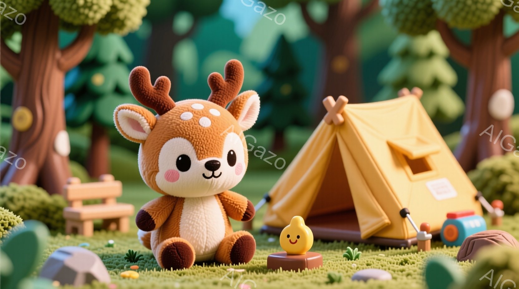 明るい緑の草原に、愛らしい子鹿のぬいぐるみとキャンプ道具が並んでいます。子鹿は茶色と白の毛並みで、つぶらな瞳と愛らしい表情をしています。背景には丸みを帯びた木々や岩、そして黄色いテントが広がり、暖かく穏やかな雰囲気を醸し出しています。