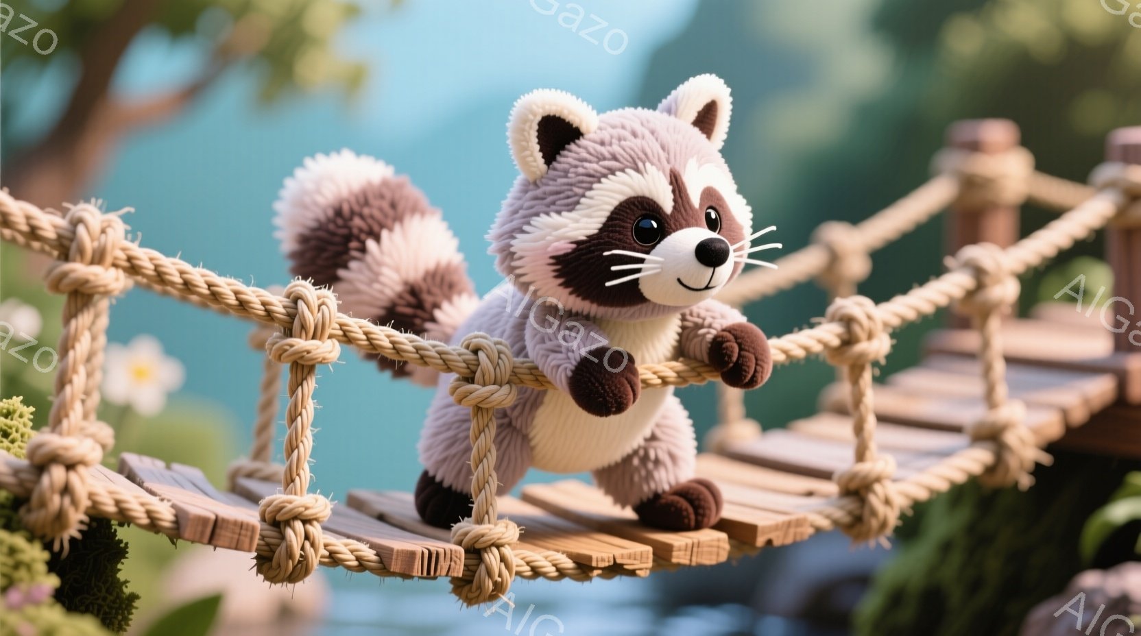 ふわふわのラッコが、ロープでできた小さな橋の上を歩いています。その表情は穏やかで、可愛らしい笑顔を浮かべています。背景には青い水面と緑豊かな植物が見え、暖かい日差しが降り注ぎ、全体的に優しい雰囲気です。
