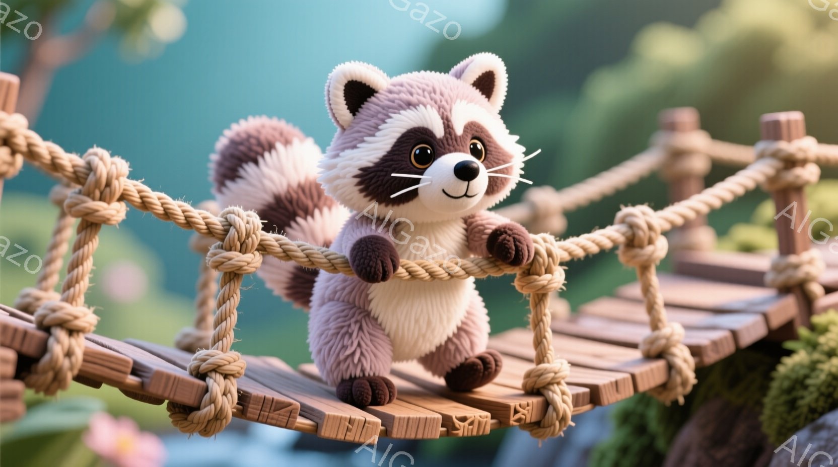 これはふわふわのラコーンの画像です。ラコーンは小さな木製の吊り橋の上に立っており、両手を腰に当てて少し自信ありげな表情をしています。背景には緑豊かな植物とぼやけたピンクの花が見え、全体的に温かく、遊び心のある雰囲気が漂っています。