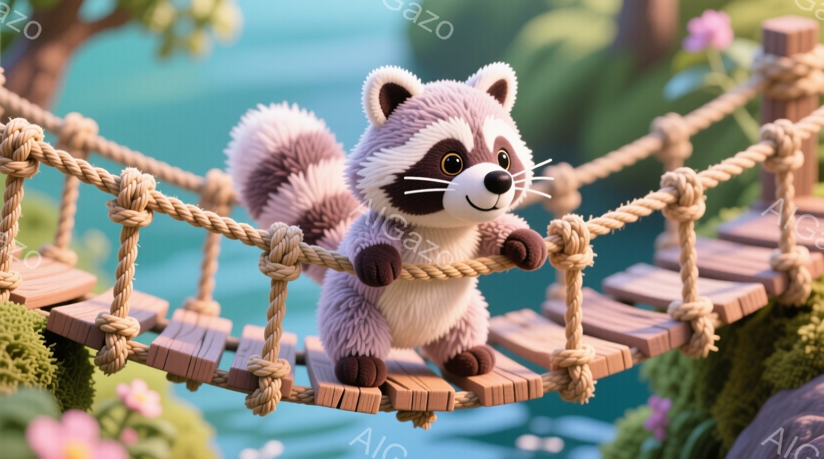 ロープ橋の上でポーズをとる可愛らしいアライグマが描かれています。アライグマは、ふわふわの毛並みで、つぶらな瞳と微笑みを浮かべており、全体的に愛らしい印象を与えます。背景には緑豊かな自然が広がり、ピンク - AI生成フリー素材