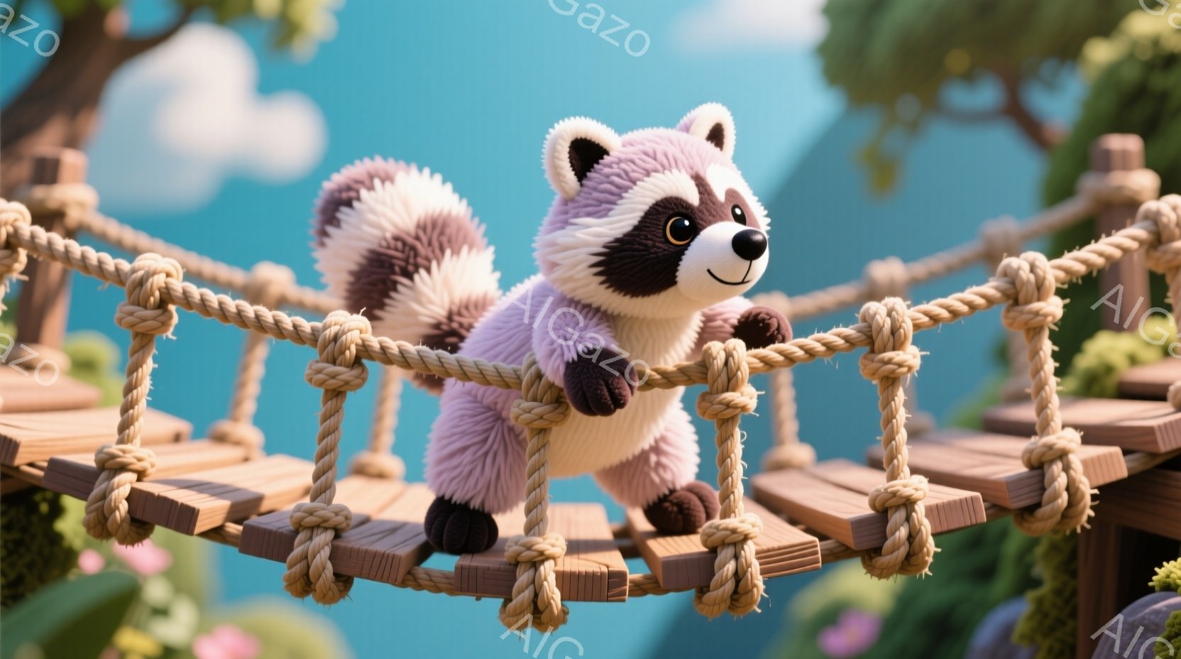 ロープと木板で作られた簡素な吊り橋の上を、毛並みの美しいアライグマが歩いている様子を描いています。アライグマはピンクと紫色のグラデーションの毛並みで、丸い目と優しい表情をしています。背景には、緑豊かな木々や青空が見え、穏やかで平和な雰囲気が漂っています。