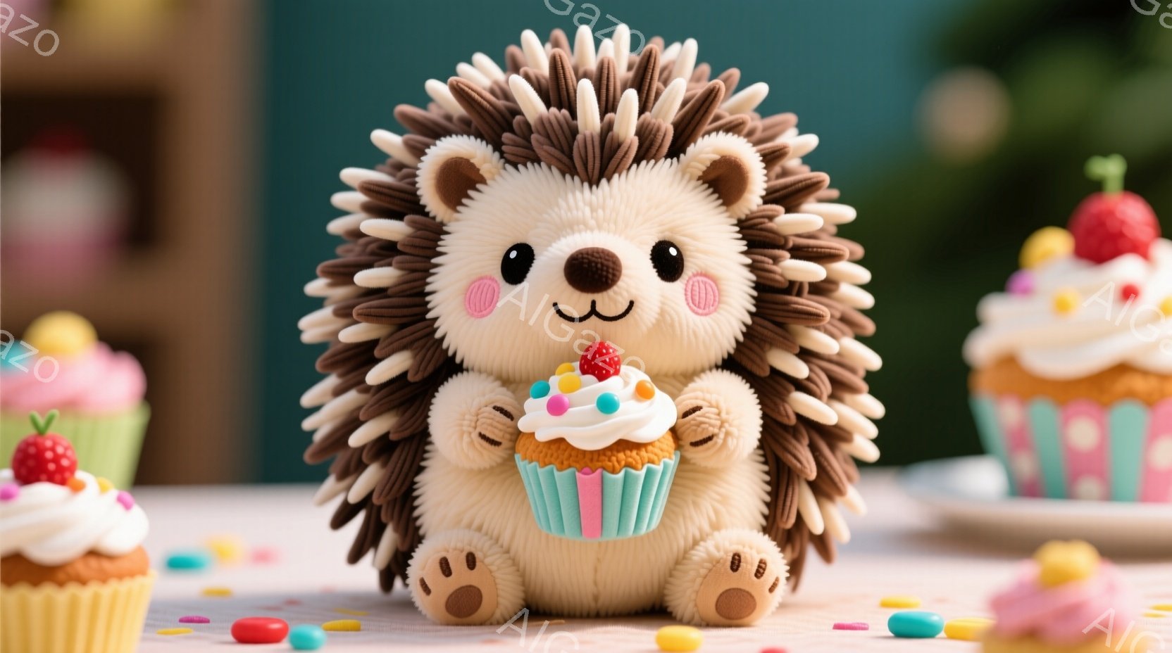 ふわふわの茶色いハリネズミが、カラフルなクリームとイチゴが飾られたカップケーキを両手で抱えています。背景には、クリームとイチゴのトッピングが施された他のカップケーキや、カラフルなスプリンクルが散りばめ - AI生成フリー素材