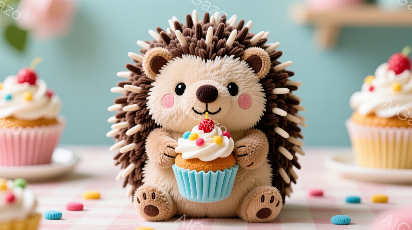 ふわふわの茶色のハリネズミが、クリームとカラフルなスプリンクルがかかったカップケーキを両手で抱えています。ハリネズミは大きな黒い目と笑顔で、とても愛らしい表情をしています。背景には、ピンクと白のチェッ - AI生成フリー素材