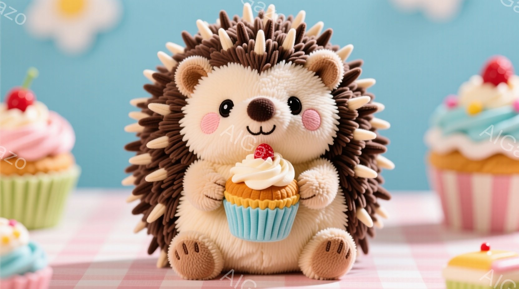 ふわふわの茶色のハリネズミのぬいぐるみは、ターコイズブルーの紙製のカップケーキを両手で抱えています。ピンクと白のギンガムチェックのテーブルクロスの上に座っており、背景には色とりどりのフロスティングをの - AI生成フリー素材