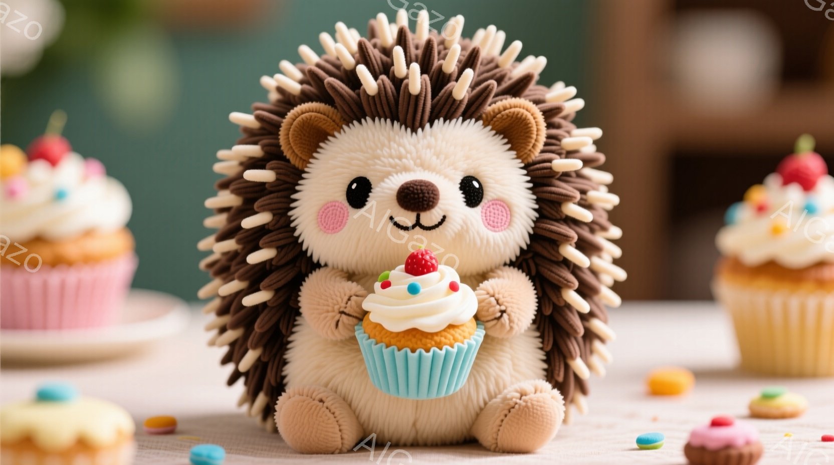ふわふわのクリーム色のハリネズミのぬいぐるみは、片手にピンク色のアイシングとイチゴが乗ったカップケーキを持っています。背景には、カラフルなスプリンクルと、さらにいくつかのカップケーキがぼやけて写ってお - AI生成フリー素材