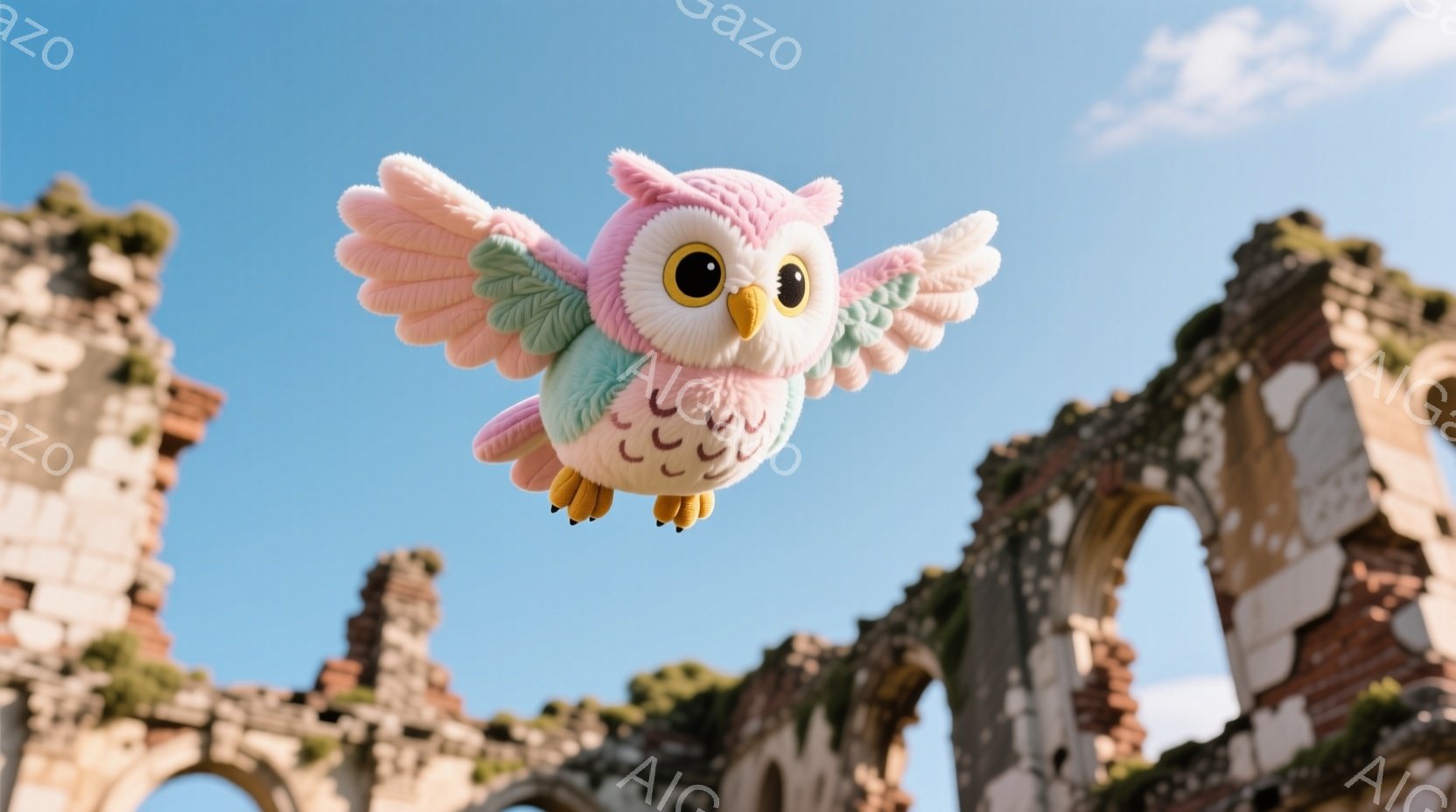 明るい青空を背景に、可愛らしいピンク色のフクロウが翼を広げて飛んでいます。フクロウは大きな目を輝かせ、明るい表情で、その羽はピンクと緑のグラデーションが施されています。背景には古びたレンガ造りの廃墟が - AI生成フリー素材