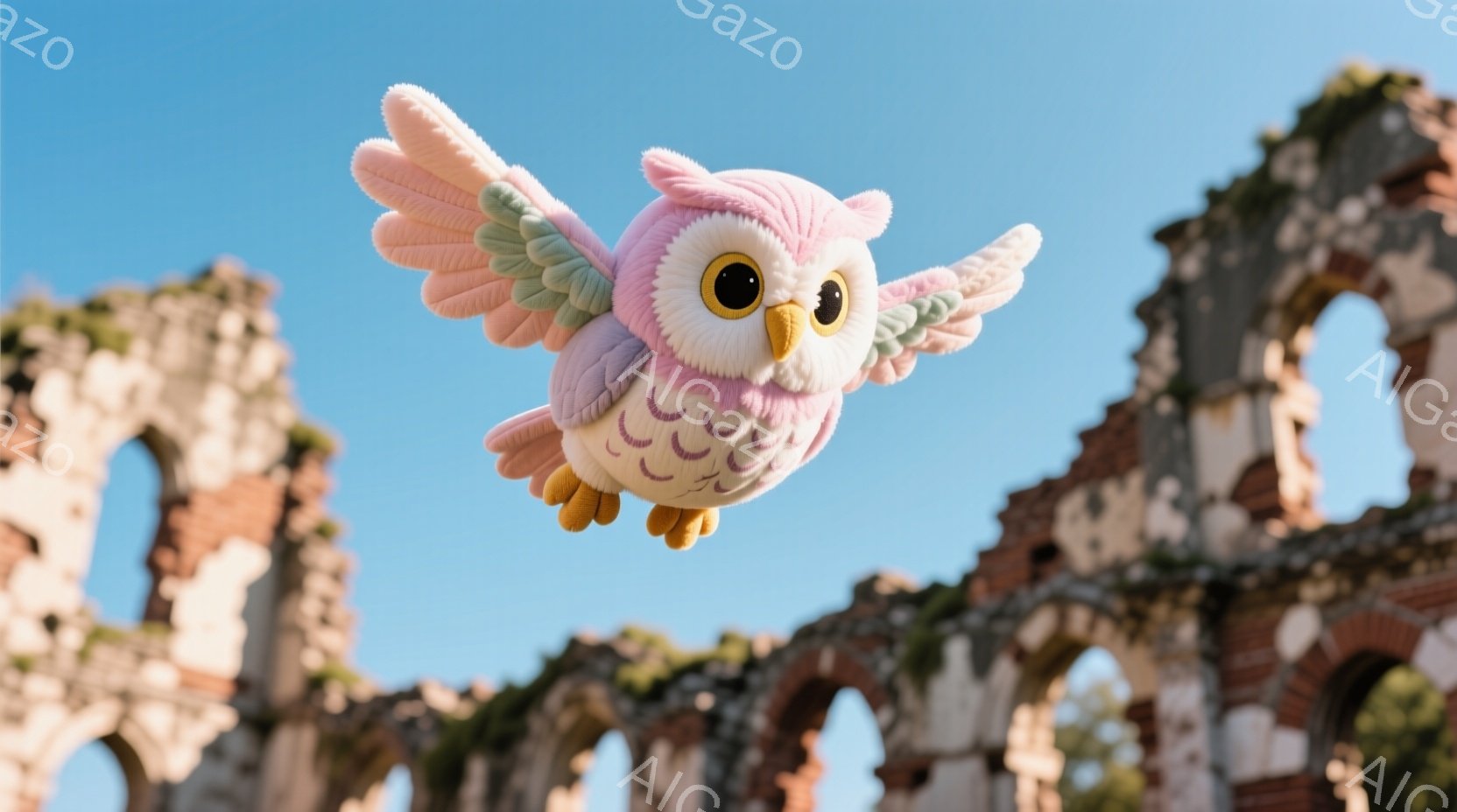 明るい青空を背景に、ピンク色のふわふわとしたフクロウが翼を広げて飛んでいます。フクロウは大きな目とオレンジ色のくちばしを持ち、愛らしい表情をしています。背景には古代ローマ時代の円形闘技場のような遺跡がそびえ立ち、歴史的な雰囲気と可愛らしさが共存した、温かく穏やかな情景が広がっています。