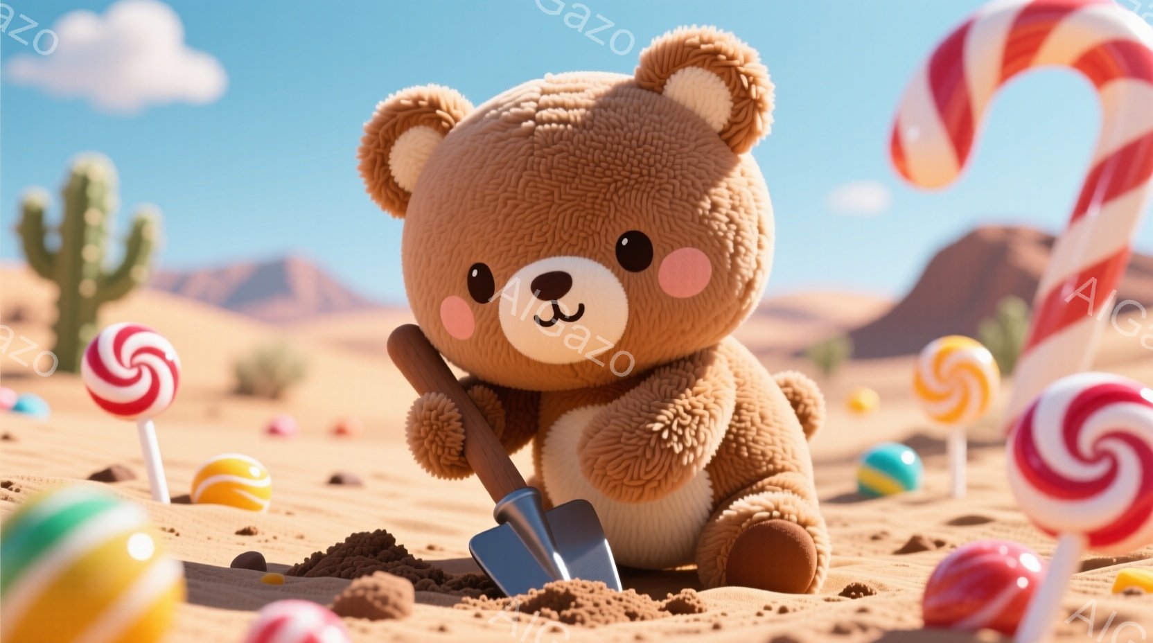 ふわふわの茶色のテディベアが砂漠の砂の中に座り、小さなシャベルで穴を掘っています。周りにはカラフルなキャンディが散らばっており、背景にはサボテンと岩の山々が見えます。明るい日差しと青空が広がり、遊び心のある暖かい雰囲気です。