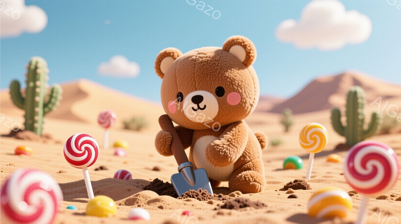 ふわふわの茶色のクマが砂漠のような場所で小さなシャベルを使って穴を掘っています。周りには赤、緑、黄色などのカラフルなキャンディーが散らばり、サボテンが点在しています。空は晴れていて雲が浮かんでおり、全体的に明るく可愛らしい雰囲気です。