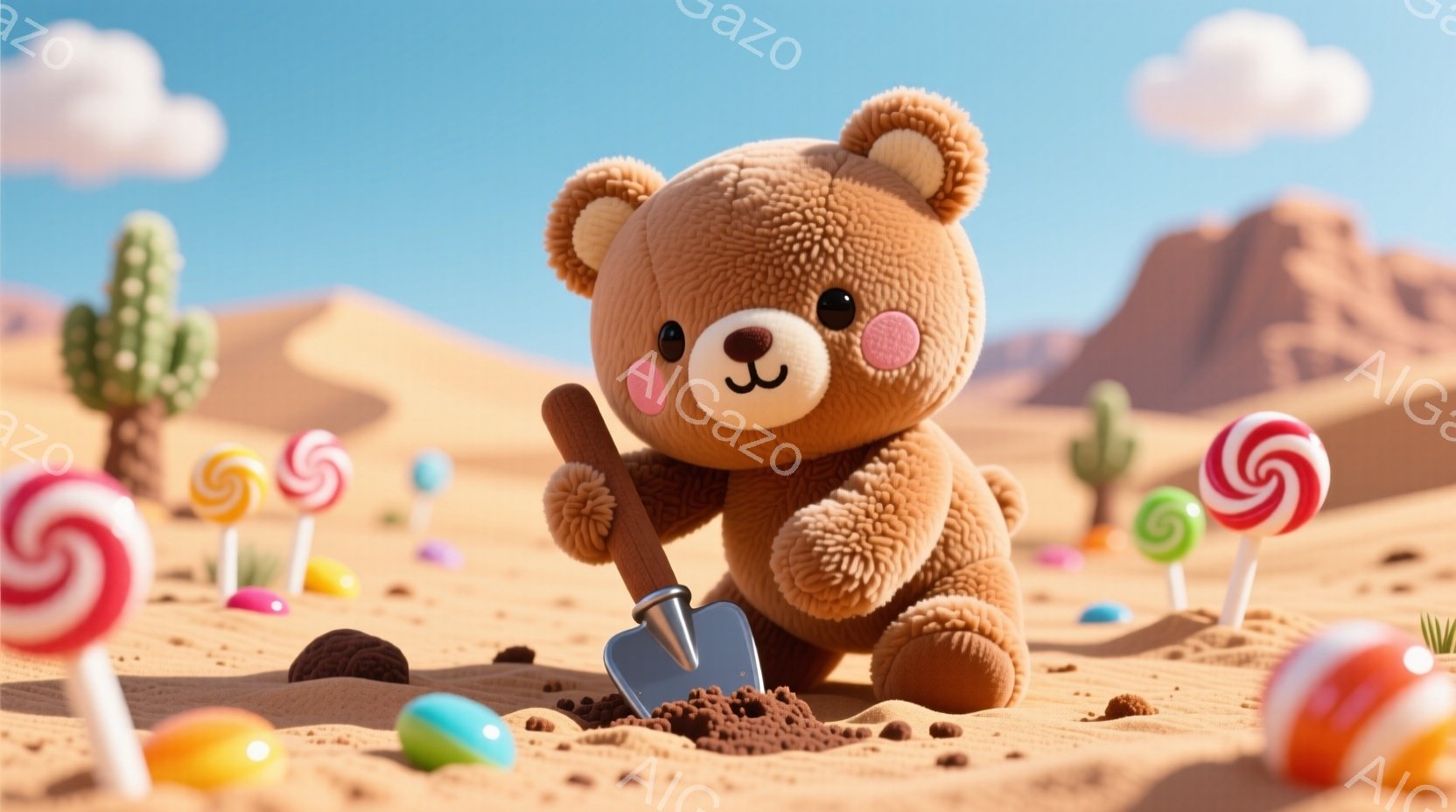 ふわふわの茶色のテディベアが、砂漠の地面に小さな穴を掘るためにシャベルを持っています。背景にはサボテンやカラフルなキャンディが点在し、遠くには赤い岩山がそびえ立っています。全体的に明るく、遊び心のある雰囲気で、まるで夢のような風景です。