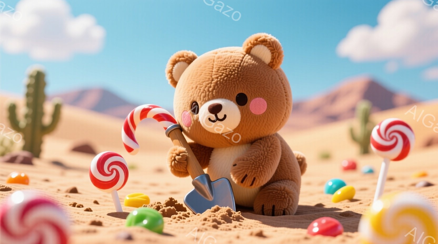 砂漠の中にいるふわふわのテディベアが、小さなシャベルで砂を掘っています。周りにはカラフルなキャンディが数個埋まっており、ベアは嬉しそうな表情で右手にキャンディを持っています。背景にはサボテンや山々が見え、晴れた空の下、楽しい雰囲気の風景です。