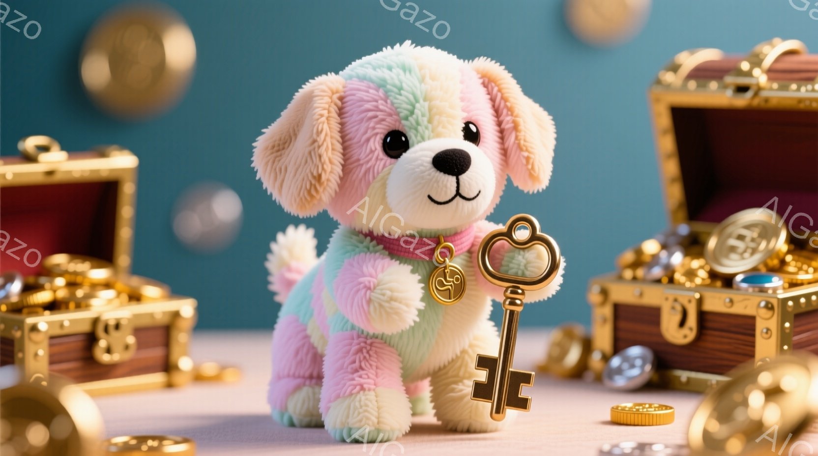 ふわふわのパステルカラーの犬のぬいぐるみは、ピンク、水色、黄色、紫色の縞模様が特徴的で、首輪には金色のチャームが付いています。犬は正面を向き、金色に輝く鍵を口にくわえ、まるで宝物を見つけたかのような表情をしています。背景には、金色のコインと、宝箱のような装飾が配置され、夢のような宝探しを想起させる、ファンタジックで温かい雰囲気を醸し出しています。