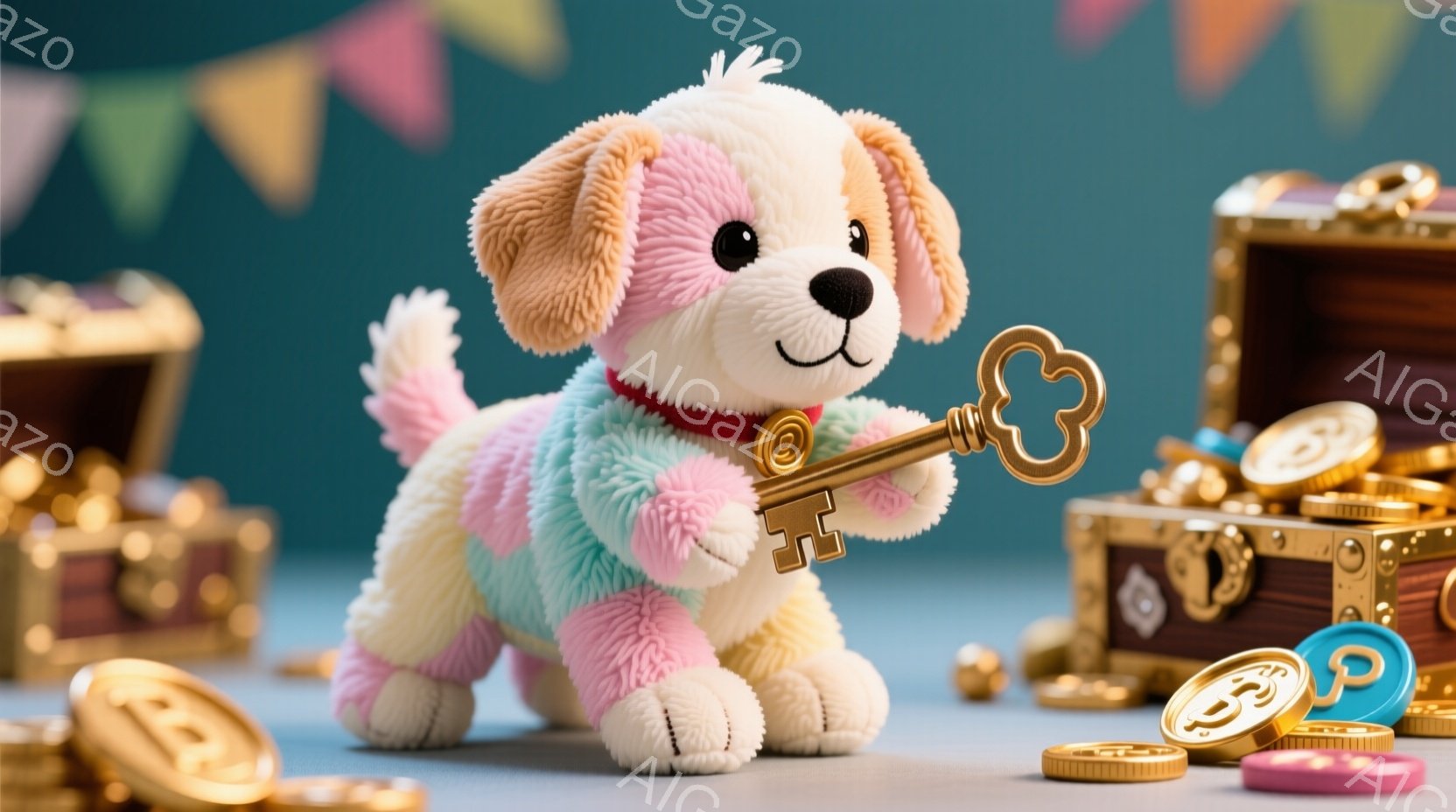 柔らかいピンク、紫、黄色、白の毛並みを持つ、ふわふわの犬のぬいぐるみです。赤い首輪をつけており、右前足で金色の鍵を持っています。背景には宝箱と金貨が散らばっており、明るくお祝いムードの雰囲気です。