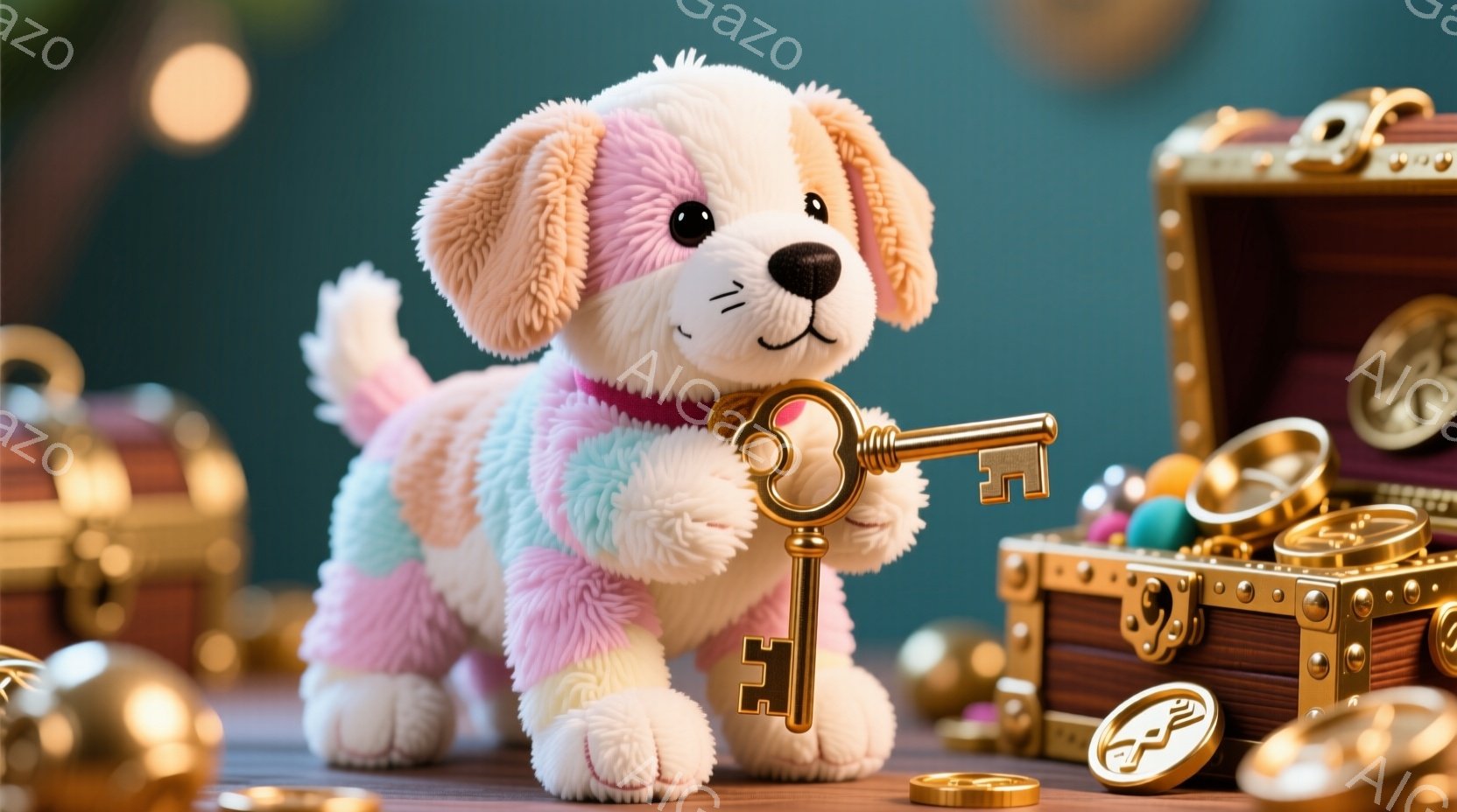 ふわふわのピンクと水色の毛並みの犬のぬいぐるみは、赤い首輪をつけて立っており、金色で装飾された鍵を口にくわえています。背景には、宝箱や金貨が散らばっており、やや幻想的な雰囲気を醸し出しています。全体的にパステルカラーで柔らかく、温かみのある印象を与えます。