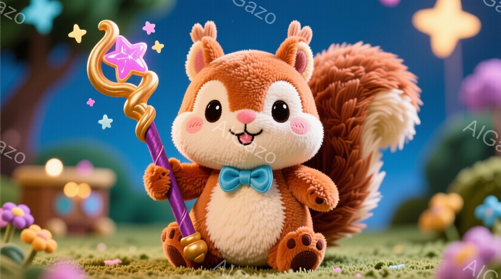 ふわふわの茶色のリスが、紫色のリボンと青い蝶ネクタイをつけています。右手に金色の星のついた魔法の杖を持ち、明るい笑顔を浮かべています。背景には草地、花、遠くにはファンタジー風の建物が見え、星が散りばめ - AI生成フリー素材