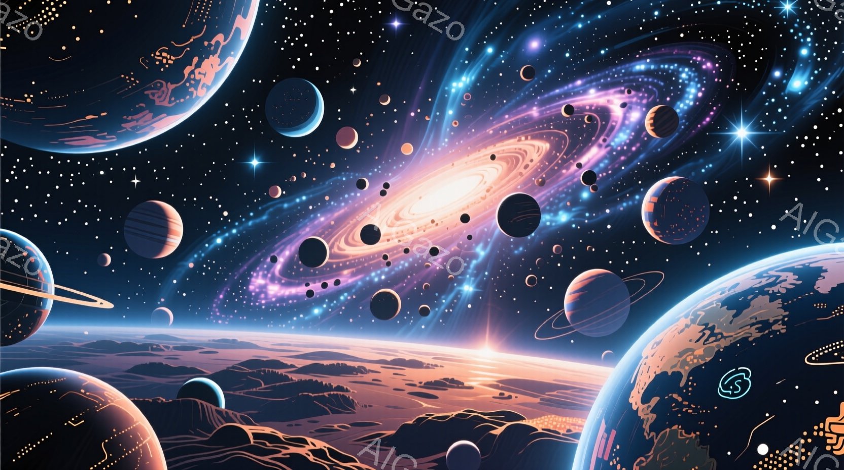 壮大な宇宙空間が広がり、様々な惑星が配置されている様子が描かれている。中心には紫色とオレンジ色に輝く渦巻状の銀河があり、手前には地球のような惑星と、荒涼とした地形が見える。全体的に神秘的で壮大な雰囲気が漂い、星々がキラキラと輝いている。