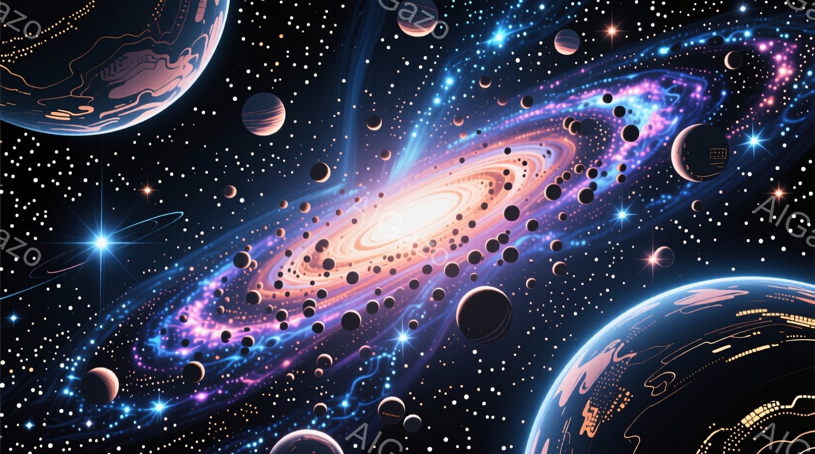 広大な宇宙空間に、渦巻く銀河が壮麗に広がっています。銀河の中心には明るい黄色い光が輝き、その周りをピンクと紫の星雲が彩ります。複数の惑星が銀河の周りを漂い、宇宙全体に無数の星が散りばめられ、神秘的で美 - AI生成フリー素材