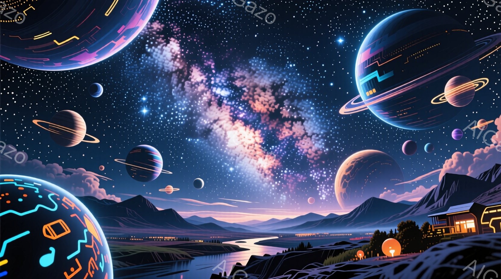 広大な夜空には、様々な大きさの惑星が浮かび、その背景には幻想的な銀河が広がっています。地平線には山脈が連なり、湖や草原が広がり、その先にモダンな建物が見えます。 全体的に、神秘的で未来的な雰囲気を醸し出しており、どこか懐かしいような、夢のような情景が広がっています。