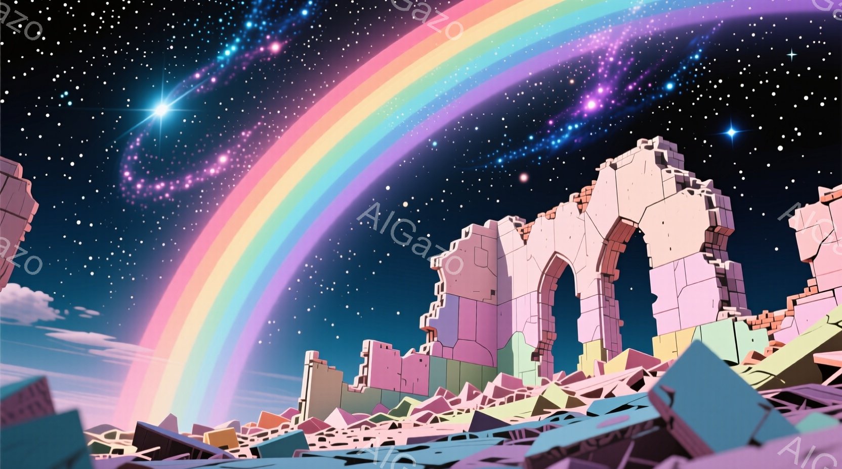 鮮やかな虹が夜空を横切り、崩れかけたアーチ状の建造物が広がる風景です。瓦礫と化した都市のような地面が広がり、全体的に幻想的でどこか物悲しい雰囲気が漂っています。夜空には無数の星が輝き、空中に広がる虹が夢のような光景を作り出しています。