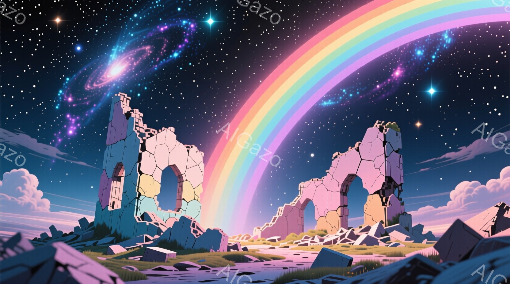 壊れたアーチ状の建造物が、緑色の丘陵地帯に点在しており、背景には虹がかかっています。夜空は星と銀河で満たされ、幻想的で神秘的な雰囲気を醸し出しています。全体的に柔らかい色彩と、崩れた建造物の対比が、どこか物悲しいノスタルジーを感じさせます。