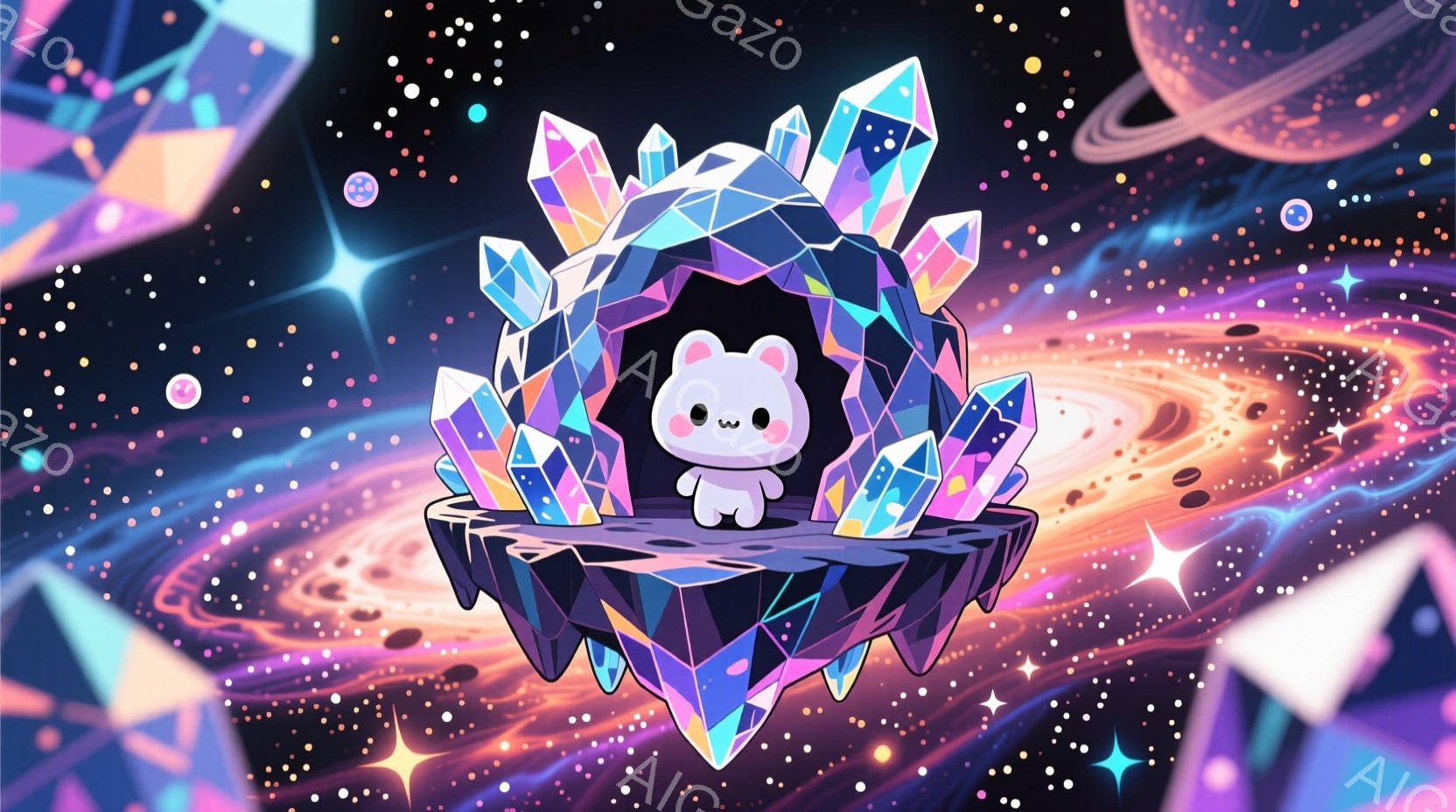 白いふわふわとしたウサギが、紫と青の結晶でできた浮遊島の中央に立っている。ウサギはつぶらな瞳と小さな口で、穏やかで可愛らしい表情をしている。背景には、星雲のような渦巻く光と惑星が描かれ、幻想的で夢のような雰囲気を醸し出している。