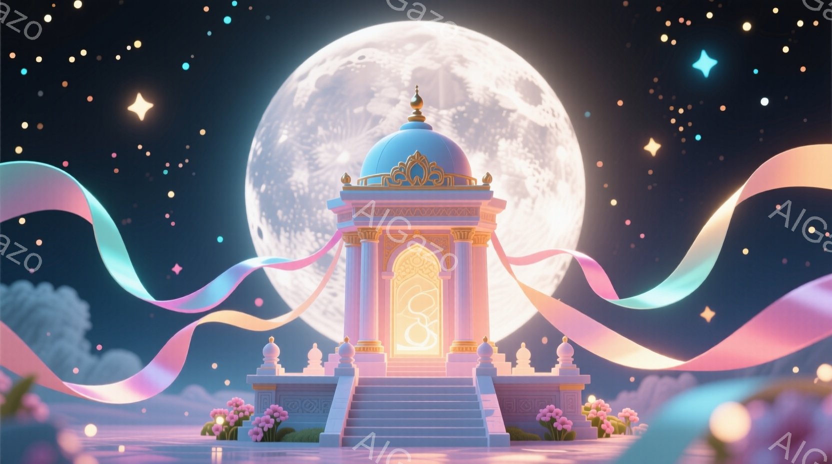 穏やかな夜空を背景に、白とピンクの美しい東洋風の建造物が浮かび上がっています。建物は階段状になっており、その周囲には花々が咲き乱れ、柔らかな光に照らされています。背景には巨大な満月が輝き、リボン状の光が幻想的な雰囲気を醸し出しています。