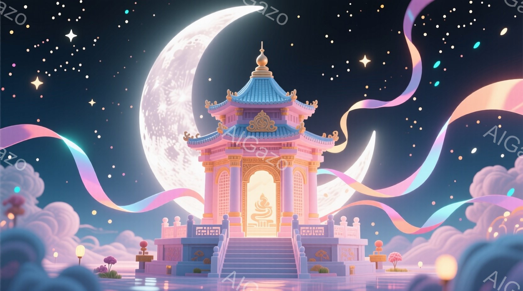 鮮やかなピンクと水色の美しい塔が、雲の上に浮かぶ幻想的な光景です。月明かりと虹色のリボンが塔を照らし、周囲には小さな木々や雲が点在しています。全体的に、夢見がちな、平和で、少し神秘的な雰囲気が漂ってい - AI生成フリー素材