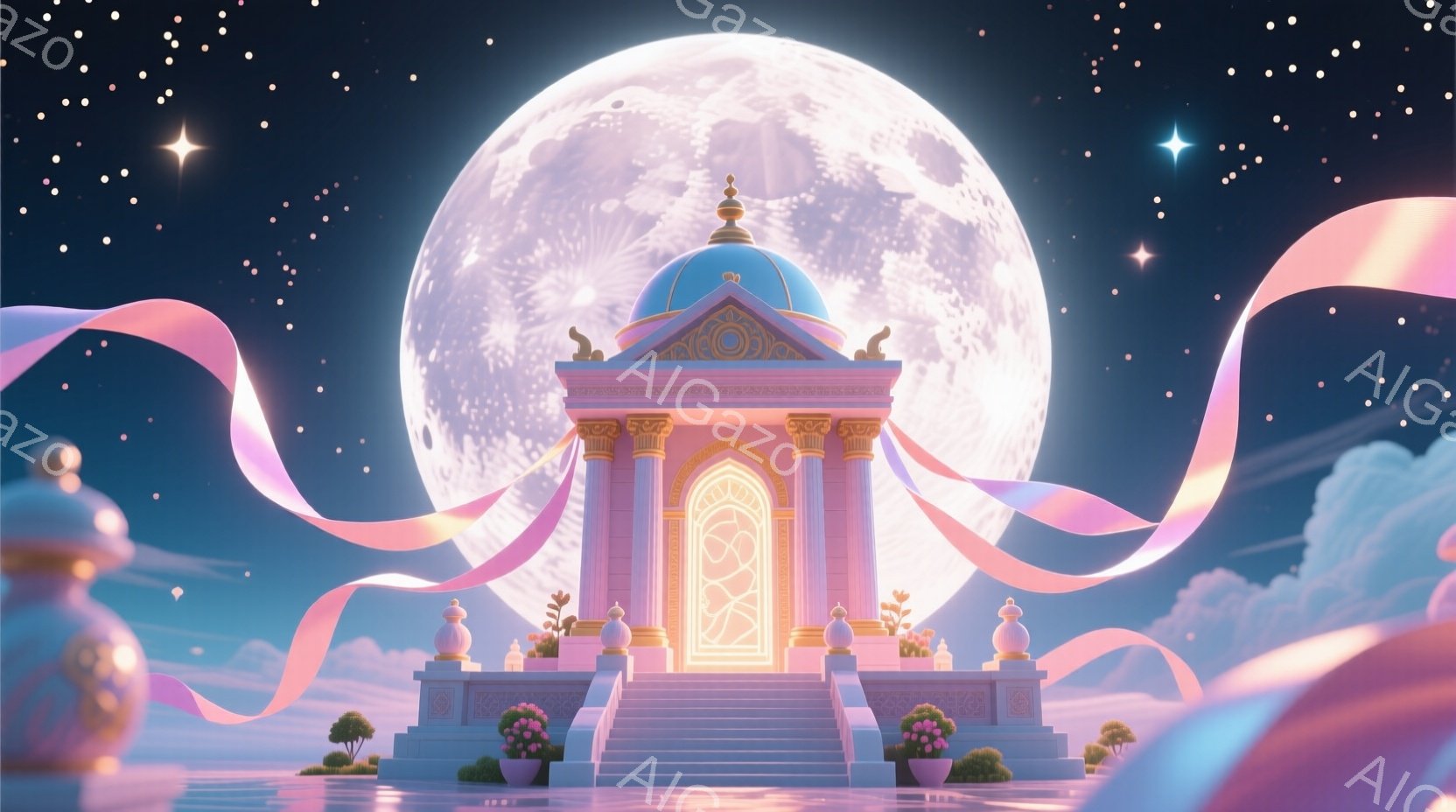 壮大な宮殿のような建物が、夜空に浮かぶ満月を背景に荘厳に佇んでいます。宮殿は淡いピンク色で、繊細な彫刻とアーチが特徴的で、周囲にはリボンや植物が配置され、幻想的な雰囲気を醸し出しています。夜空には星が - AI生成フリー素材