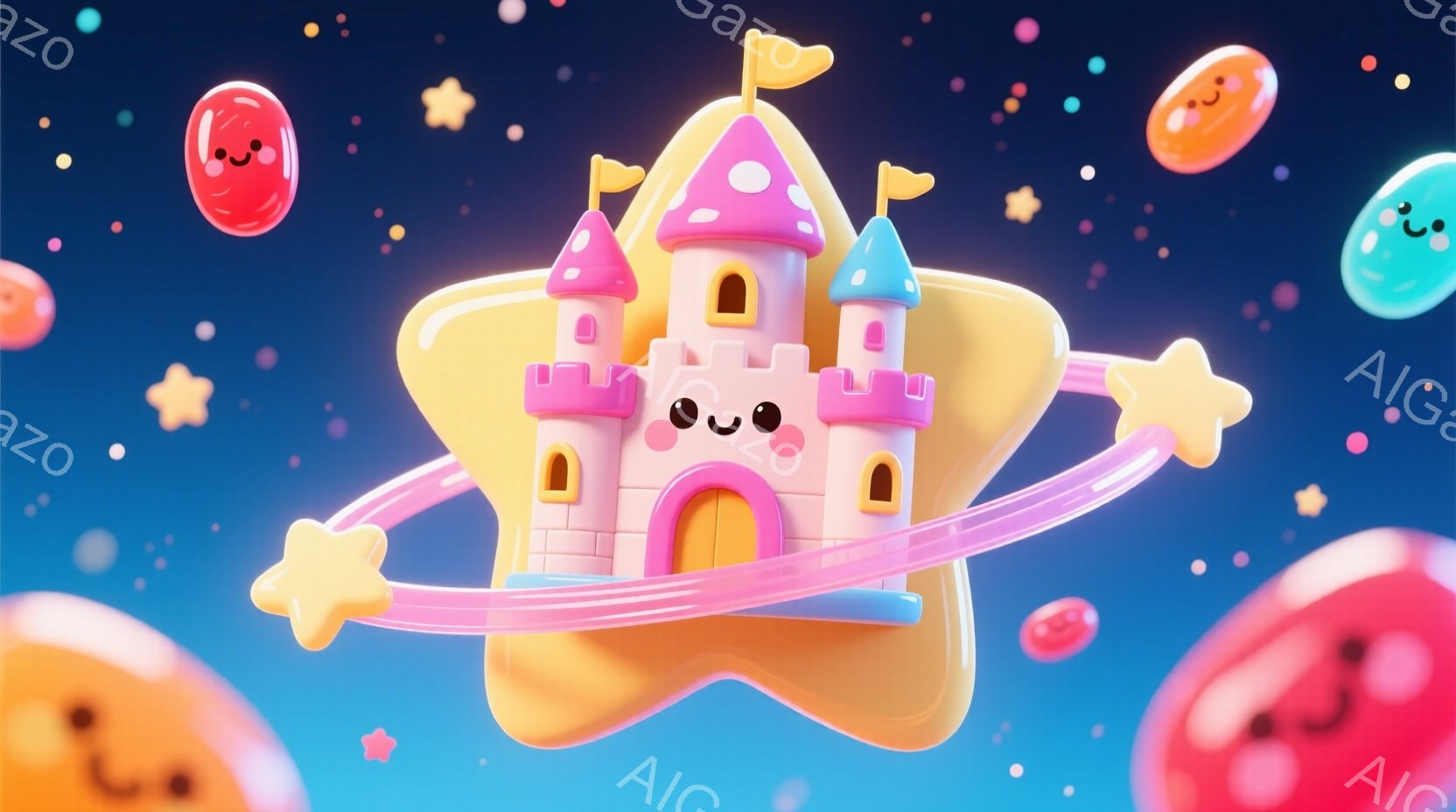 鮮やかな青色の背景に、クリーム色の星型の建造物が浮かんでいます。建造物は可愛らしいお城のような外観で、ピンク色の屋根と旗、そしてアーチ型の入口が特徴的です。周囲には、赤や水色のキャンディーのような球体 - AI生成フリー素材